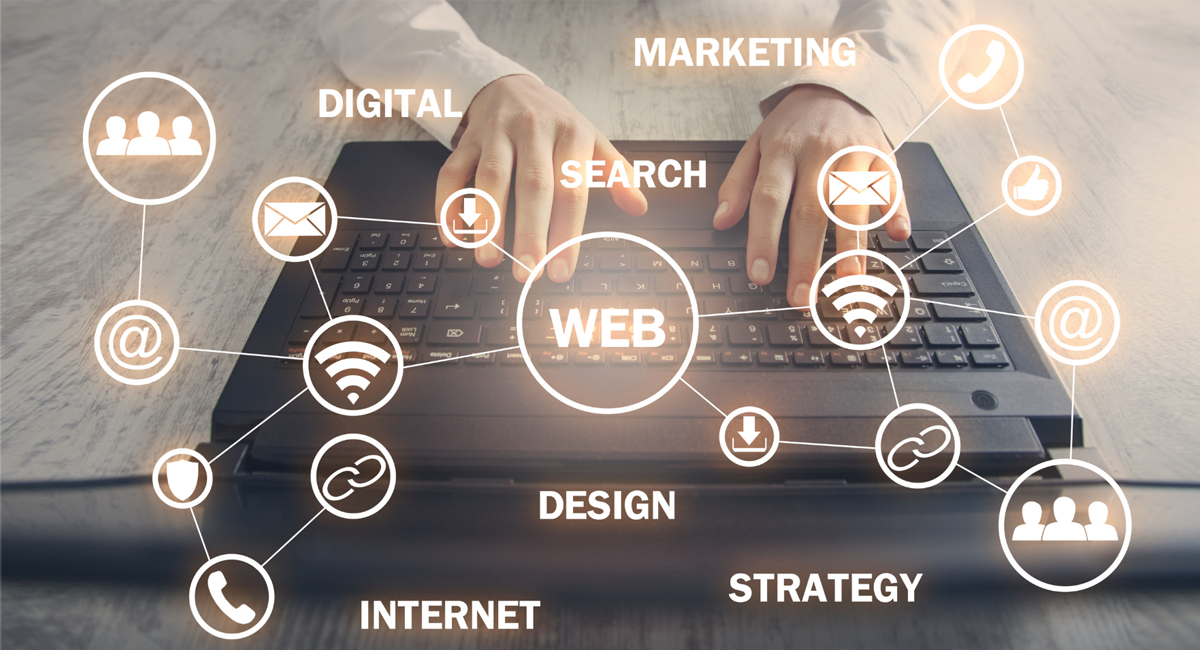 Hands on a laptop keyboard with graphics over the image depicting Web Strategy