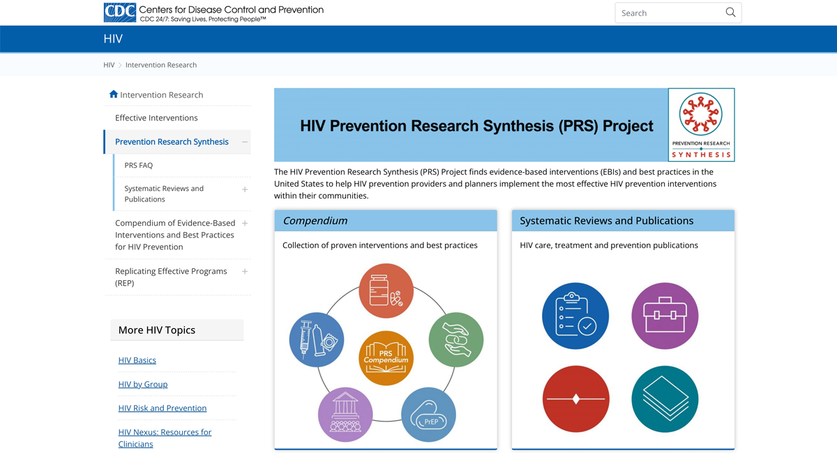 Screen shot of the Center for Disease Control's Prevention Research Synthesis web page